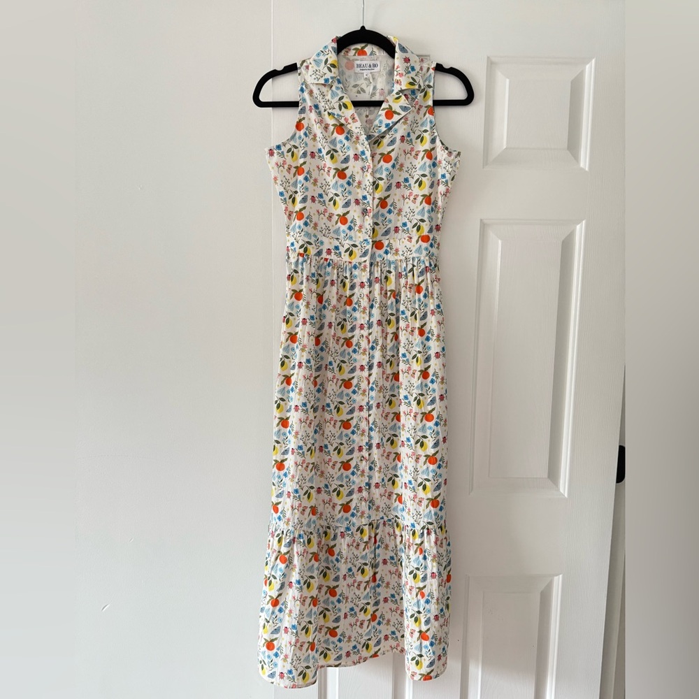 Beau & Ro sleeveless button down bugs and fruit patterned ruffle dress size XS